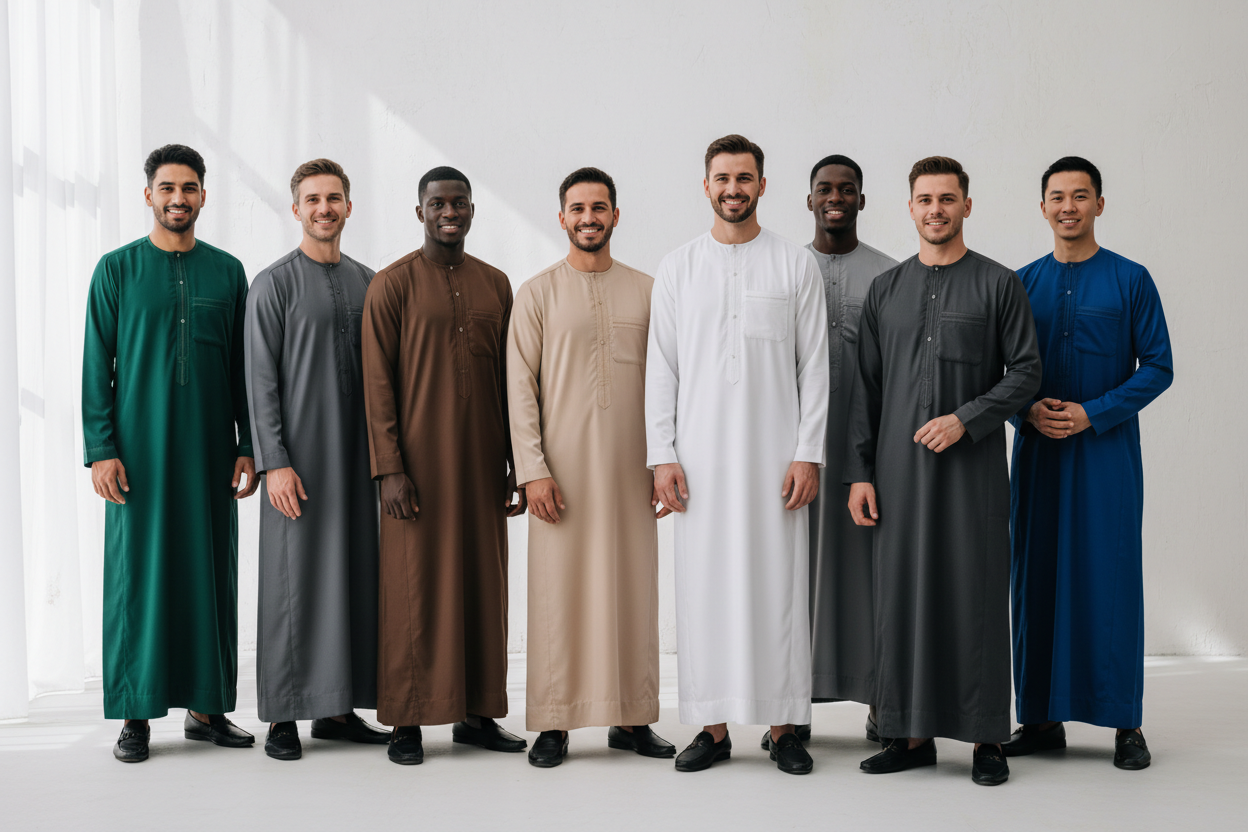 plusieurs homme de tout les origines en Qamis de couleurs Noir blanc vert marron beige bleu